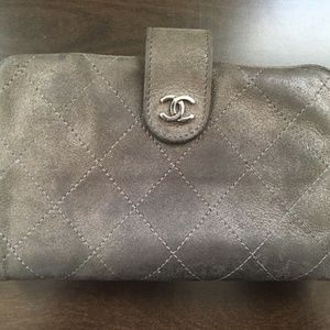 CHANEL Metallic Grey Lambskin French Wallet AUTH